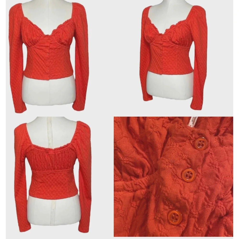Free People Ladybug Long Sleeve Boho Top S Flambe‎ Red Cropped Puff slv Milkmaid